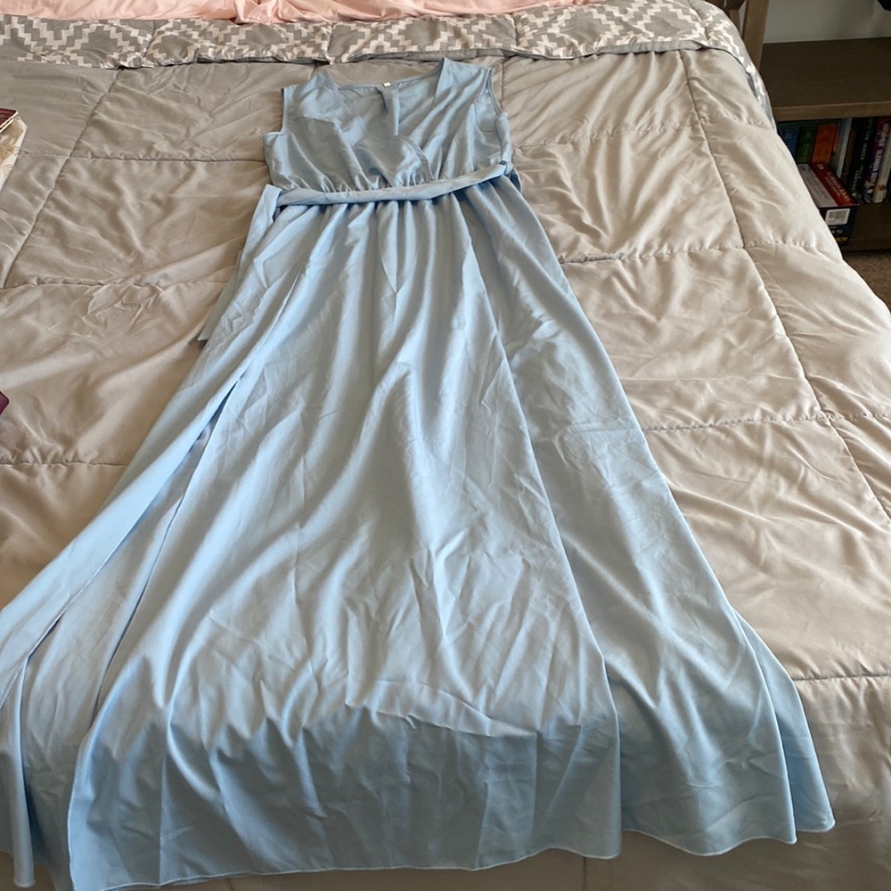 Long, sky blue dress perfect for weddings!